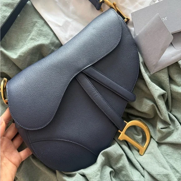 Dior Navy Grained Leather Medium Saddle Bag - Picture 3 of 13